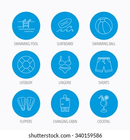 Surfboard, swimming pool and trunks icons. Beach ball, lingerie and shorts linear signs. Lifebuoy, cocktail and changing cabin icons. Blue circle buttons set. Linear icons.