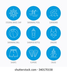 Surfboard, swimming pool and trunks icons. Beach ball, lingerie and shorts linear signs. Flippers, cruise ship and shampoo icons. Blue circle buttons set. Linear icons.