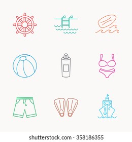 Surfboard, swimming pool and trunks icons. Beach ball, lingerie and shorts linear signs. Flippers, cruise ship and shampoo icons. Linear colored icons.