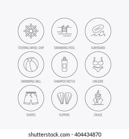 Surfboard, swimming pool and trunks icons. Beach ball, lingerie and shorts linear signs. Flippers, cruise ship and shampoo icons. Linear colored in circle edge icons.