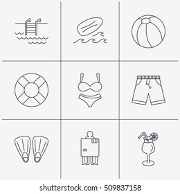 Surfboard, swimming pool and trunks icons. Beach ball, lingerie and shorts linear signs. Lifebuoy, cocktail and changing cabin icons. Linear icons on white background. Vector