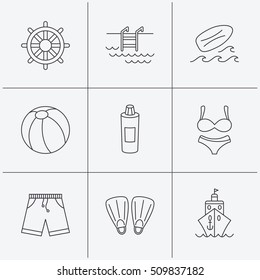 Surfboard, swimming pool and trunks icons. Beach ball, lingerie and shorts linear signs. Flippers, cruise ship and shampoo icons. Linear icons on white background. Vector