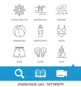 Surfboard, swimming pool and trunks icons. Beach ball, lingerie and shorts linear signs. Flippers, cruise ship and shampoo icons. Video cam, book and magnifier search icons. Vector