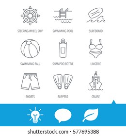 Surfboard, swimming pool and trunks icons. Beach ball, lingerie and shorts linear signs. Flippers, cruise ship and shampoo icons. Light bulb, speech bubble and leaf web icons. Vector