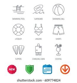 Surfboard, swimming pool and trunks icons. Beach ball, lingerie and shorts linear signs. Lifebuoy, cocktail and changing cabin icons. New tag, shield and calendar web icons. Download arrow. Vector