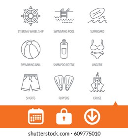 Surfboard, swimming pool and trunks icons. Beach ball, lingerie and shorts linear signs. Flippers, cruise ship and shampoo icons. Download arrow, locker and calendar web icons. Vector