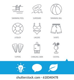 Surfboard, swimming pool and trunks icons. Beach ball, lingerie and shorts linear signs. Lifebuoy, cocktail and changing cabin icons. Light bulb, speech bubble and leaf web icons. Vector