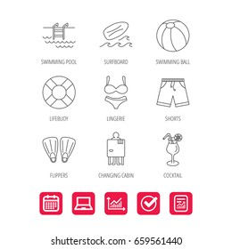 Surfboard, swimming pool and trunks icons. Beach ball, lingerie and shorts linear signs. Lifebuoy, cocktail and changing cabin icons. Report document, Graph chart and Calendar signs. Vector