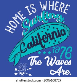 Surfboard with text home is where surfing california design with background