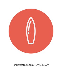 Surfboard thin line icon for web and mobile minimalistic flat design. Vector white icon inside the red circle.