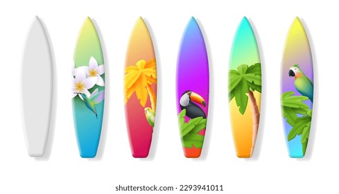 Surfboard tropical backgrounds vector template with 3d render illustrations of palm tree, tucan and parrot and flowers, blank clipart