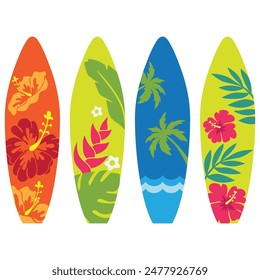 Surfboard  with tropical floral pattern vector cartoon illustration