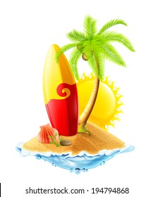 Surfboard and tropical island, vector illustration