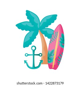 surfboard with tropical palm and anchor
