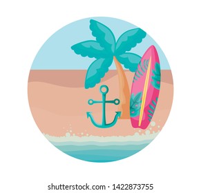surfboard with tropical palm and anchor in beach