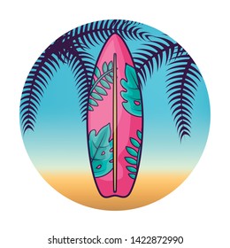 surfboard with tropical palm in frame