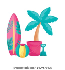 surfboard with tropical palm and icons vacation