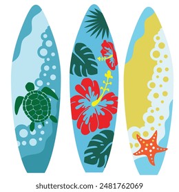 Surfboard  with tropical pattern vector cartoon illustration