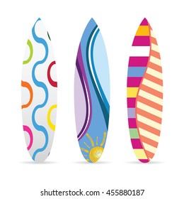surfboard with various icon on it set illustration in colorful