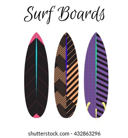 Surfboard vector colorful set. Surfing boards summer water sport. Modern lines decoration.