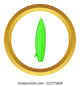 Surfboard vector icon in golden circle, cartoon style isolated on white background