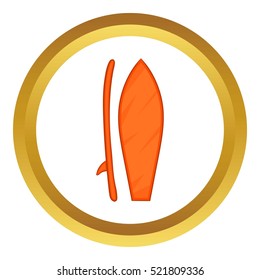 Surfboard vector icon in golden circle, cartoon style isolated on white background