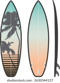Vetor Surfboard com Palm Tree Sunset Art
