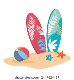 Surfboard vector set in tropical design. Surfing board or surfboard clip art. Hello summer concept. Summer element. Cartoon flat vector isolated on white background.