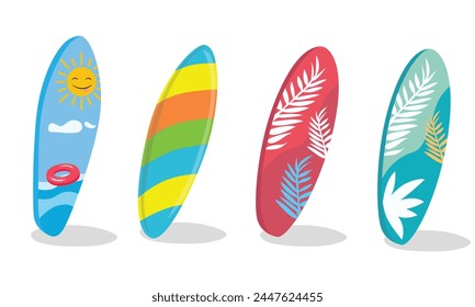 Surfboard vector set in tropical design. Surfing board or surfboard clip art. Hello summer concept. Summer element. Cartoon flat vector isolated on white background.