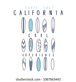 Surfboard vector set.California Santa Cruz t-shirt design.