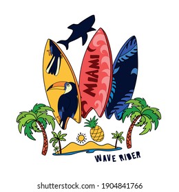 Surfboard vector set.Summer t-shirt print.Tropical island, shark, toucan,palm tree drawing.Vector illustration design for fashion fabrics, textile graphics, print.