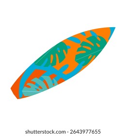 Surfboard with vibrant tropical leaf patterns. Summer concept vector illustration.