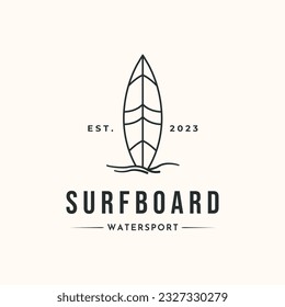 surfboard water sport line art logo vector minimalist illustration design, surfboard standing on the beach logo design 