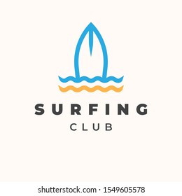 Surfboard and wave illustration for surfing club logo template design.