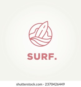 diseño de ilustración vectorial de la plantilla de logotipo de arte de línea minimalista de surfboard y ondulación. surfista moderno simple, deportes acuáticos, concepto de logotipo de surf