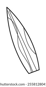 Surfboard with a wave pattern black outline. Doodle clip art for your projects.