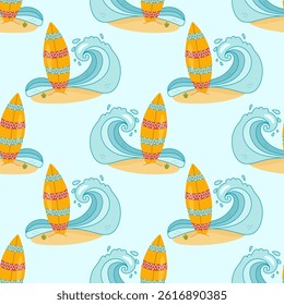 Surfboard and wave seamless pattern for summer themes