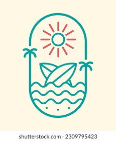 The surfboard and the wave summer beach vector t shirt badge mono line idea