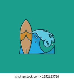 Surfboard and wave vector illustration for Surfing Day on June 20, Water sports color symbol.