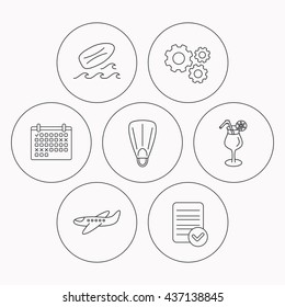 Surfboard, waves and cocktail icons. Flippers, airplane linear sign. Check file, calendar and cogwheel icons. Vector
