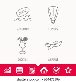 Surfboard, waves and cocktail icons. Flippers, airplane linear sign. Edit document, Calendar and Graph chart signs. Star, Check and House web icons. Vector