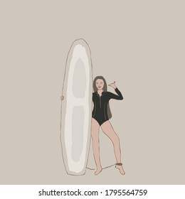 Surfboard and woman with earth tones. illustrations vectors