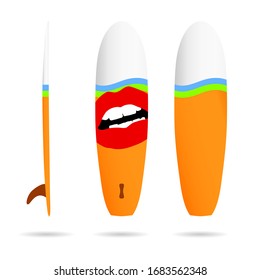 surfboard with woman lips on it illustration in colorful