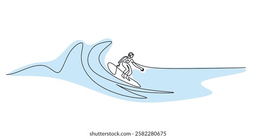 Surfboarder riding waves in continuous line drawing. Minimalist representation of ocean sports, balance, and coastal lifestyle. Vector illustration hand drawn.