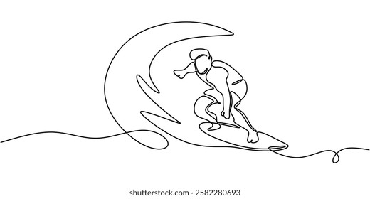 Surfboarder riding waves in continuous line drawing. Minimalist representation of ocean sports, adventure, and beach lifestyle. Vector illustration hand drawn.