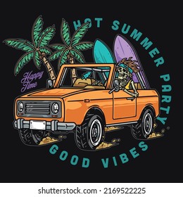 Surfboarder skeleton vintage poster colorful traveling in open top car heading to beach party on sand under palm vector illustration