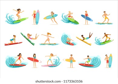 Surfboarders riding on waves set, surfer men with surfboards in different poses vector Illustrations