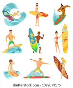Surfboarders riding on waves set, surfer men with surfboards in different poses vector Illustrations.