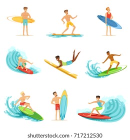 Surfboarders riding on waves set, surfer men with surfboards in different poses vector Illustrations