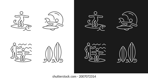 Surfboarding linear icons set for dark and light mode. Crumbly waves surfing. Flight maneuver. Taking classes. Customizable thin line symbols. Isolated vector outline illustrations. Editable stroke
